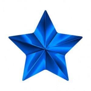 A blue star is folded in the shape of a five pointed star.