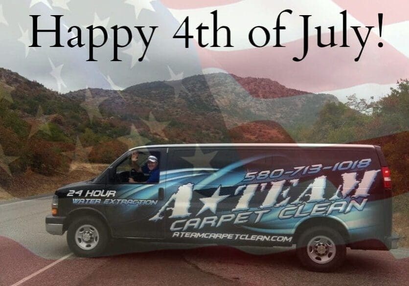Carpet cleaning van with patriotic backdrop.