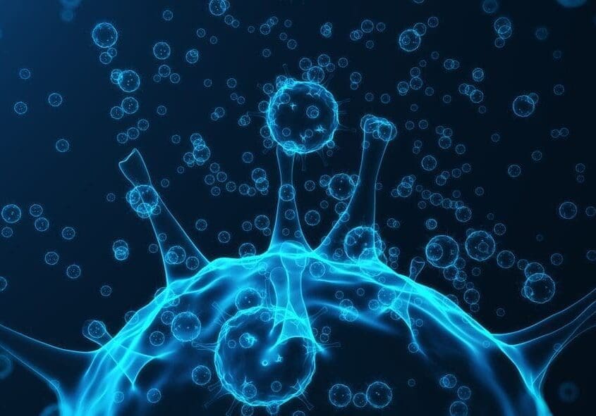 Microscopic view of a glowing virus.